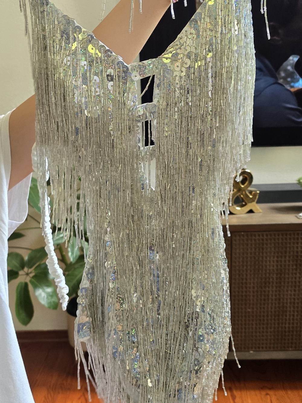 Silver Sequin Bead Fringe Performance Bodysuit Adult L Pop Star Stage Costume - Picture 2 of 16